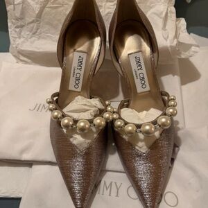 Jimmy Choo Shimmering Brown Heels with Pearl Embellishments